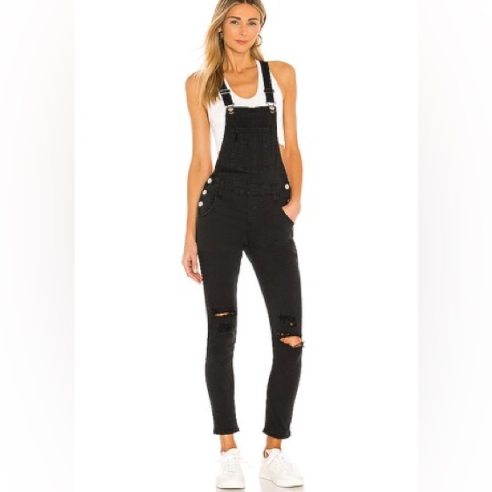 NWT Superdown Gia‎ Black Denim Distressed Overalls Sz L